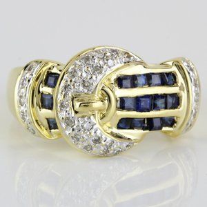 18k Yellow Gold Blue Sapphire and Diamond Anniversary / Cocktail Buckle Ring